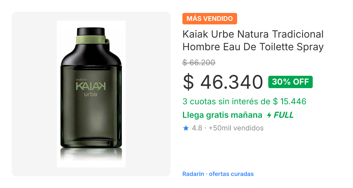 Tarjeta de oferta: perfume Kaiak Urbe de Natura a $46.340, antes $66.200, 30% OFF, 3 cuotas sin interés, envío FULL, 4,8 estrellas.
